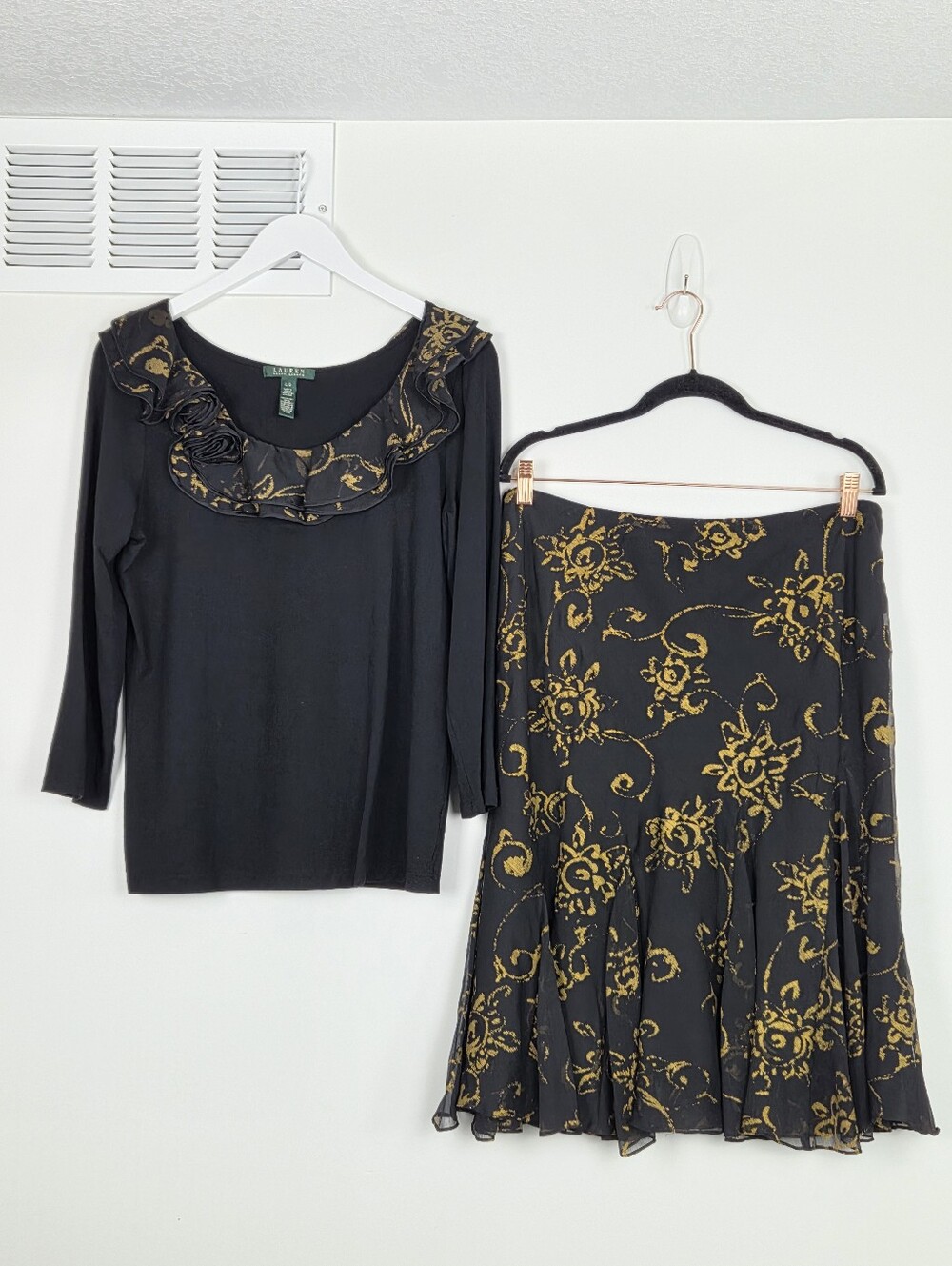 Lauren Ralph Lauren 2-Piece Black Gold Skirt Set Y2K Style L